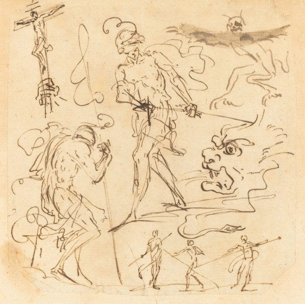 Sheet of Studies with a Soldier Drawing a Sword, a Crucifix, Monstrous Animals..., other Figures. Creator: Unknown.