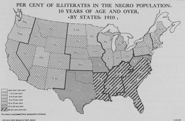 Per cent of illiterates in the Negro population; 10 years of age and over, by States; 1910, 1920. Creator: Unknown.