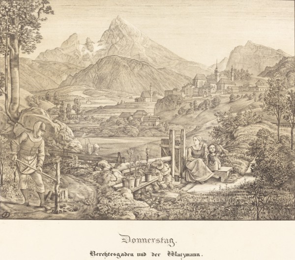 Donnerstag - Berchtesgaden und der Watzmann (Thursday - Berchtesgaden and the...), 1823. Creator: Ferdinand Olivier.