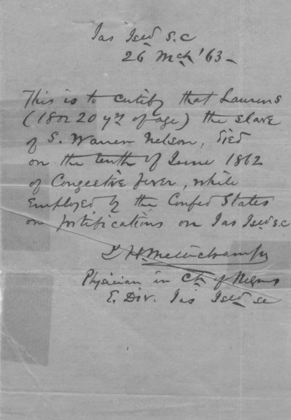 Doctor's certificate on death of slave Laurens while in the service of Confederate States..., 1863. Creator: Unknown.