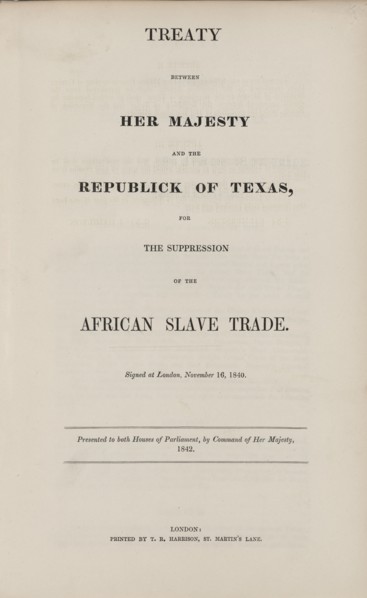 Treaty between Her Majesty and the republick of Texas, for the suppression of the African..., 1842. Creator: Unknown.