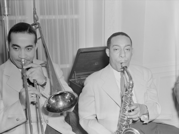Portrait of Johnny Hodges and Lawrence Brown, Turkish Embassy, Washington, D.C., 1930. Creator: William Paul Gottlieb.