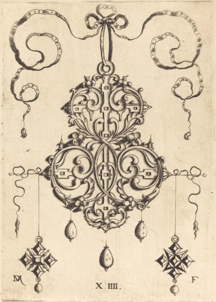 Strapwork Pendant with Three Drops and Two Cross-Shaped Pendants as Earrings at Left and Right. Creator: Daniel Mignot.
