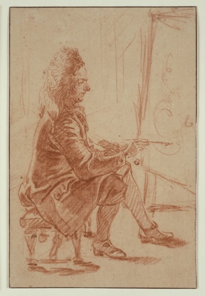 A Bewigged Painter (Possibly Claude Audran), Seated at his Easel, Seen in Profile, c. 1709. Creator: Jean-Antoine Watteau.