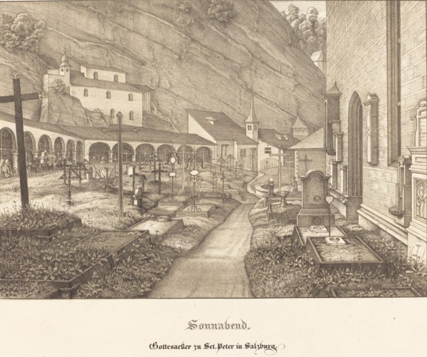 Sonnabend - Gottesacker zu St. Peter in Salzburg (Saturday - Graveyard of St. Peter's...), 1823. Creator: Ferdinand Olivier.