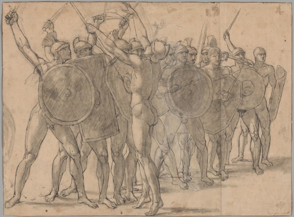 Nude Soldiers Gesticulating with Their Weapons (recto); Two Drapery Studies for the..., 1796/97. Creator: Jacques-Louis David.
