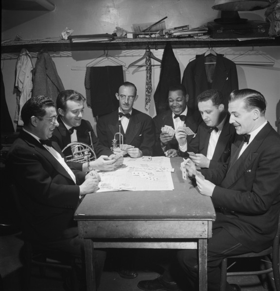 Portrait of Al Hall and with pit band, Broadway show, "Barefoot Boy With Cheek"(?), N.Y., 1946. Creator: William Paul Gottlieb.