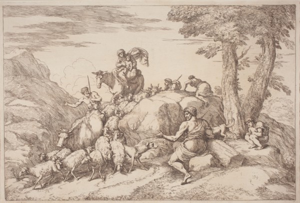 A Pastoral Journey with a Mother and Child on Horesback and an Elderly Shepherd..., 1758/1759. Creator: Gaetano Gherardo Zompini.