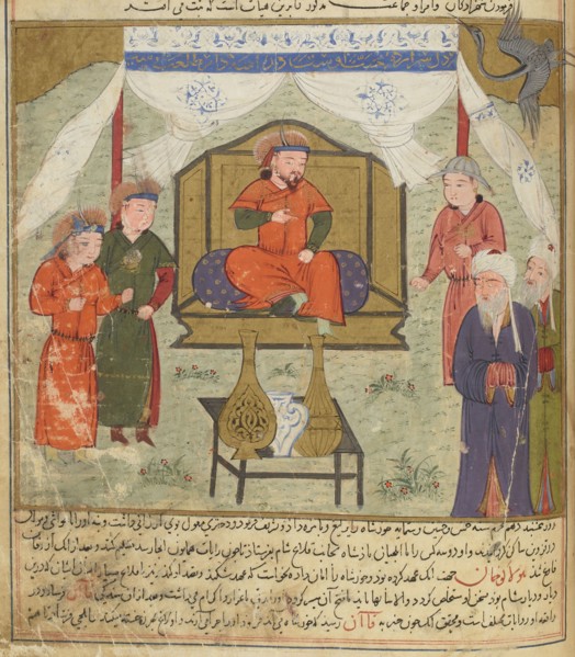 Hulagu Khan and Courtiers. Miniature from Jami' al-tawarikh (Universal History), ca 1430. Creator: Anonymous.