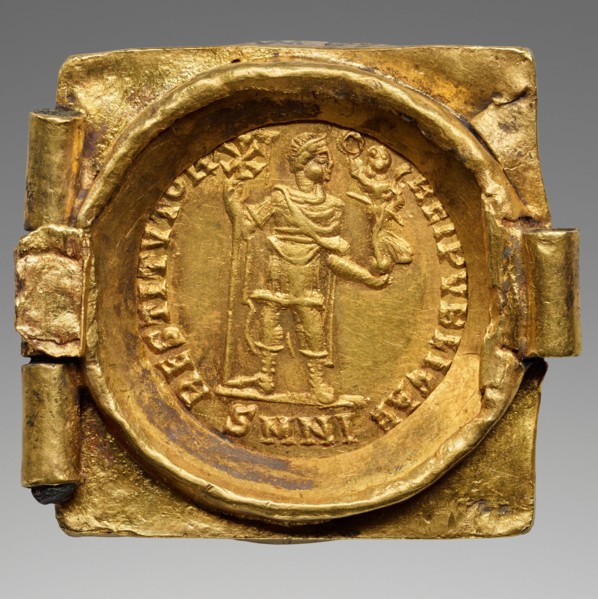 Link from a Coin Belt: Emperor with vexillum and crowning Victory, 379-395. Creator: Numismatic, Ancient Coins  .