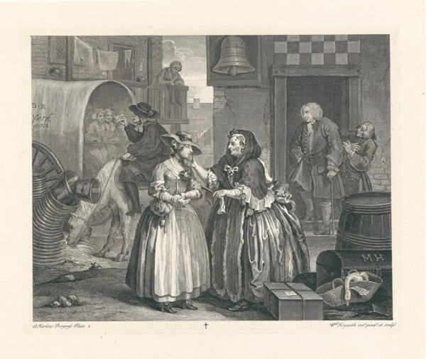 A Harlot's Progress. Plate 1: Moll Hackabout arrives in London at the Bell Inn, Cheapside, 1732. Creator: Hogarth, William (1697-1764).