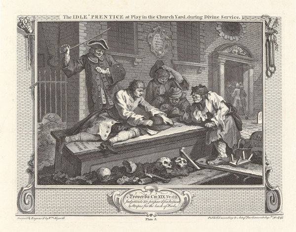 Series "Industry and Idleness", Plate 3: The Idle 'Prentice at Play in the Church Yard..., 1747. Creator: Hogarth, William (1697-1764).