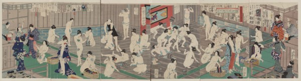 Naked bodies compared to irises in hot water... , 1868. Creator: Kunichika, Toyohara (1835-1900).
