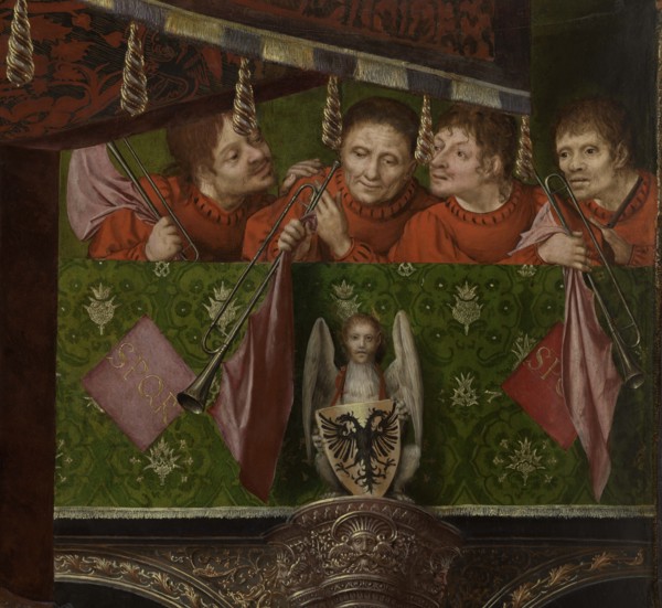 Altarpiece of the Joiners' Guild. Detail: the trumpeters, 1511. Creator: Massys, Quentin (1466-1530).