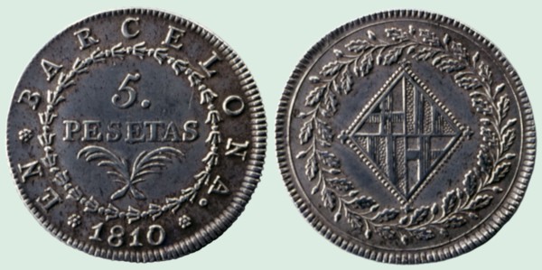 Five silver pesetas - Napoleonic occupation, obverse and reverse, 19th century. Creator: Cinco pesetas de plata. Ocupación napoleónica. Ceca : Barcelona. Anverso y reverso.