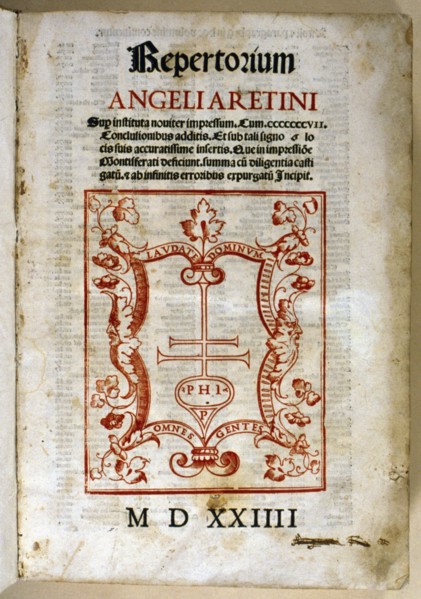 Cover of the work 'Repertorium Angeli Aretini. sub instituta noviter impressum cum' by Angel Aretino Creator: Unknown.