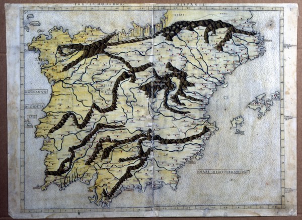Map of Spain, underlining the mountain systems, Incunabulum, Florence, 1482.  Creator: Berlinghieri, Francesco di Nicola (1440-1501).