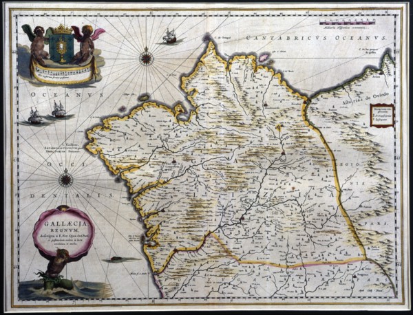 Gallaecia Regnum', described by F. Fer. Ojea. Map of the kingdom of Galicia coloured...c.1640. Creator: Blaeu, Jan (1596-1673).