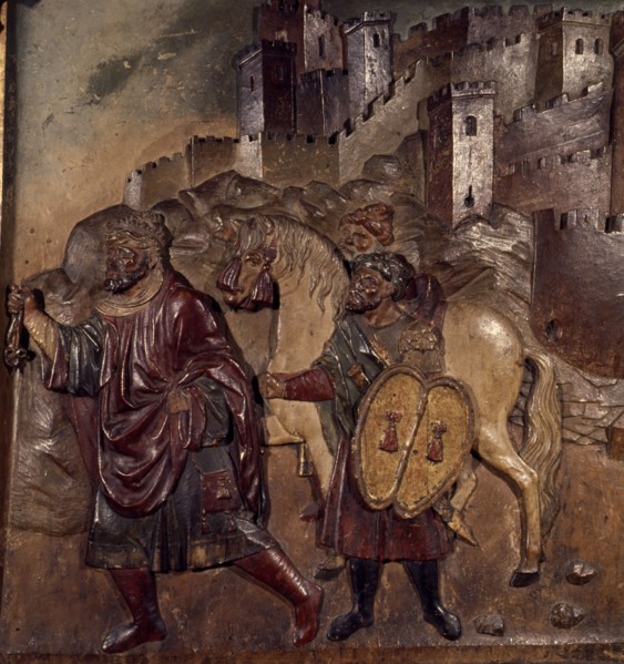 Boabdil leaving the Alhambra, bas-relief of the main altarpiece of the Royal Chapel..., 16th cent. Creator: Bigarny, Felipe (1475-1542).