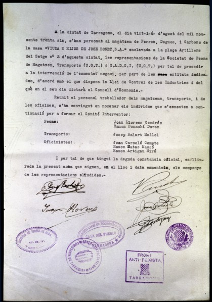 Spanish civil war, 1936-1939. Certificate of seizure of the Warehouse of Irons, Drugs and Coals'... Creator: Unknown.
