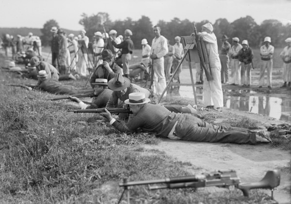 Marine Corps Rifle Range, F.D. Roosevelt And F.K. Lane, Firing, 1917. Creator: Harris & Ewing.