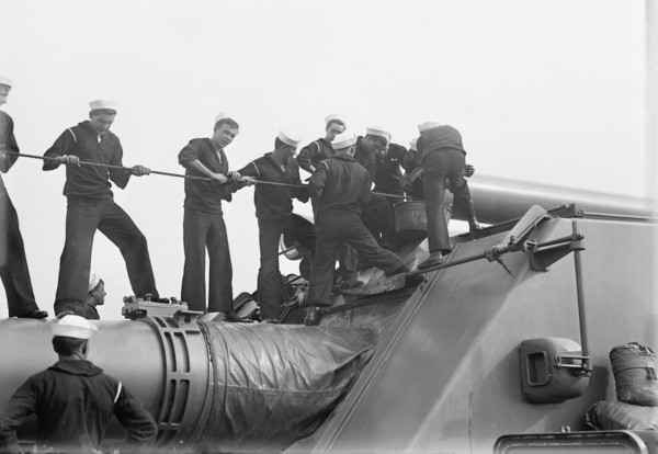 Target Practice - Cleaning 12' Gun, 1913. Creator: Unknown.