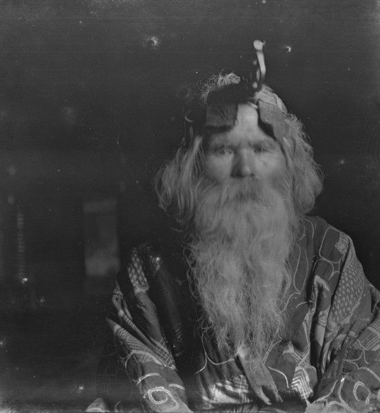 Ainu chief wearing a headdress, 1908. Creator: Arnold Genthe.