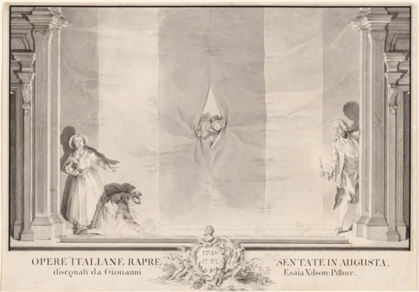 Two Actors Peeking through a Theater Curtain while Others Prepare the Footlights. Creator: Johann Esaias Nilson.