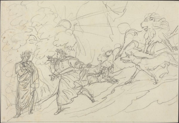 Dante Flees the Wild Beasts and Meets Virgil, 1824. Creator: Bartolomeo Pinelli.