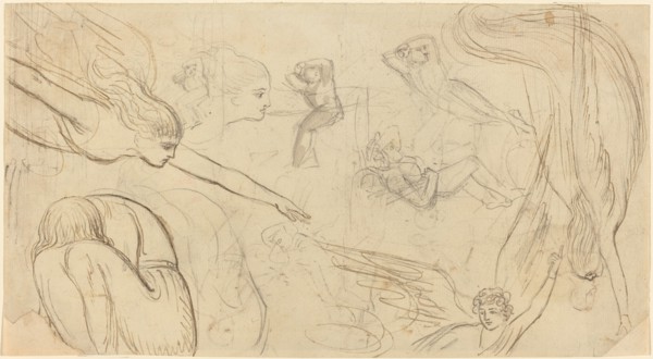 Sheet of Studies with Angels and Cowering Figures (Illustration for Macklin's Bible?), c. 1791. Creator: Thomas Stothard.