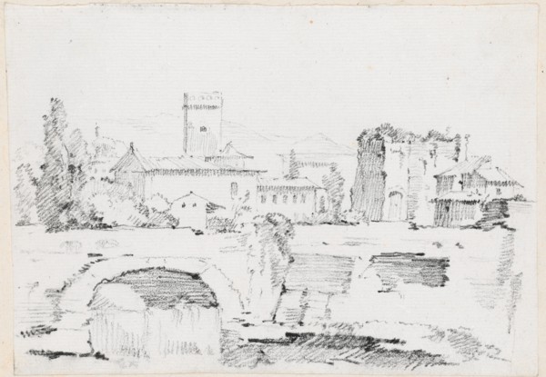 An Italian Town with a Stone Bridge and a Waterfall, 1744/1750. Creator: Joseph-Marie Vien the Elder.