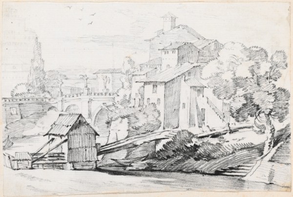 The Ponte Sant'Angelo and Houses on the East Bank of the Tiber, 1744/1750. Creator: Joseph-Marie Vien the Elder.