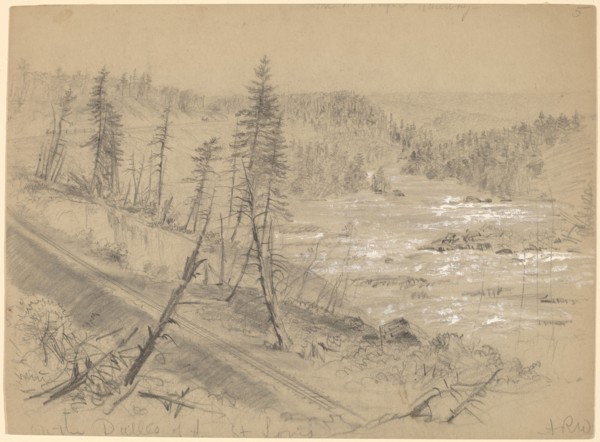 Railroad on the Dalles of the St. Louis, 1882. Creator: Alfred Waud.