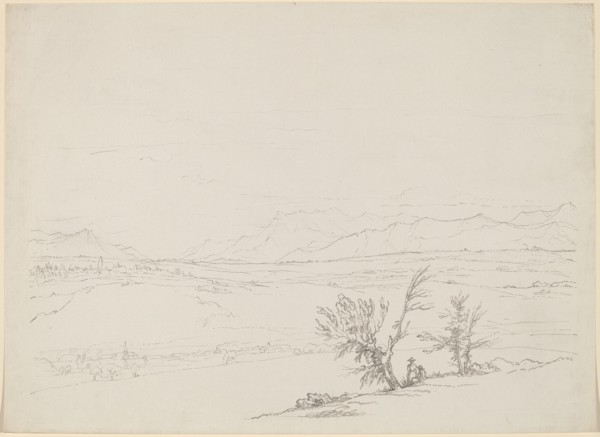 An Alpine Landscape with a Couple Seated by Trees Overlooking a Valley, 1760/1763. Creator: Benjamin West.