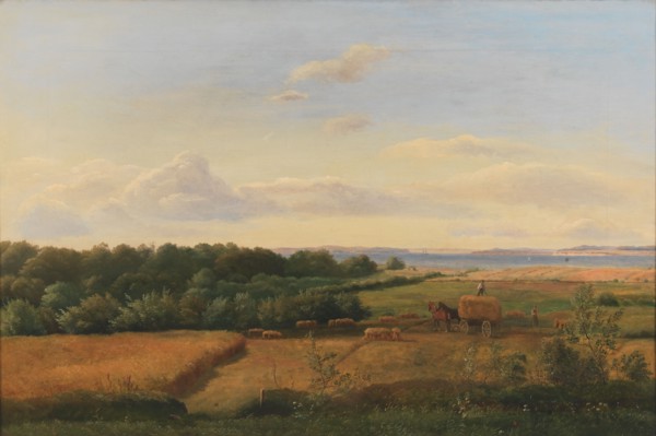 A Funen Landscape at Harvest Time with Wedellsborghoved in the Background, 1846. Creator: Dankvart Dreyer.