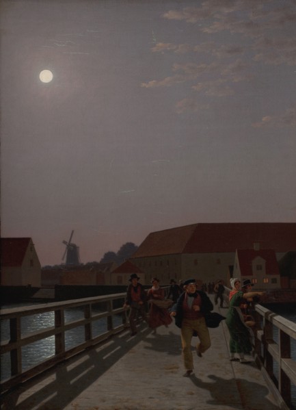 Langebro, Copenhagen, in the Moonlight with Running Figures, 1836. Creator: CW Eckersberg.