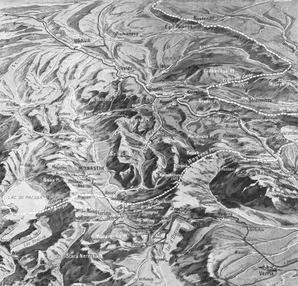 'Sur le front des balkans. -- Vue panaoramique du terrain des operations dans les Balkans..., 1916. Creator: L. Trinquier.