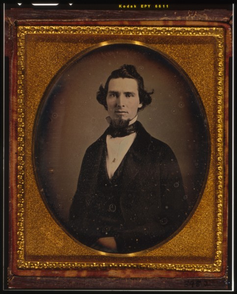 Unidentified man with beard, half-length portrait, facing front, ca. 1855. Creator: Francis Grice.