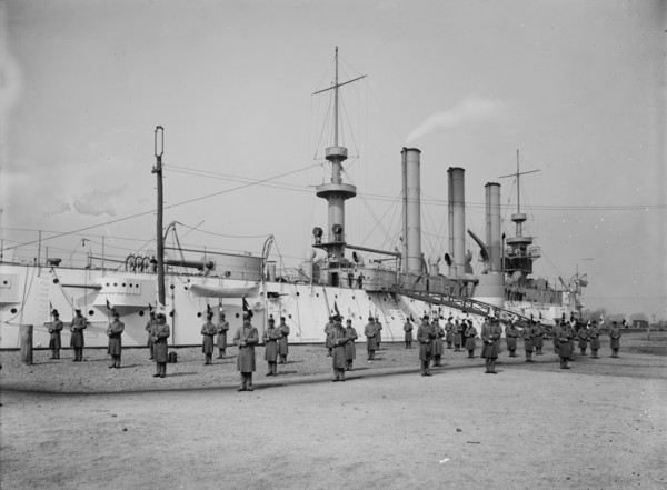 U.S.S. Brooklyn, Marine guard signal drill, (1897?). Creator: Unknown.
