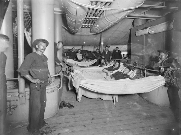 U.S.S. Brooklyn, hammocks on deck, between 1896 and 1899. Creator: Unknown.