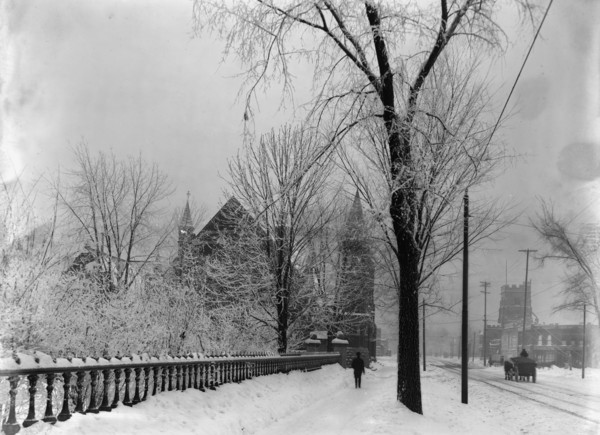 Church and Grand River Avenue in snow, Detroit, Mich., between 1900 and 1905. Creator: Unknown.