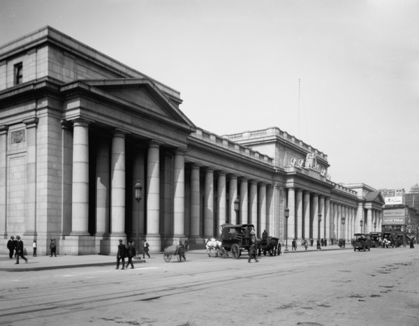 Pennsylvania Station, New York, east facade, c.between 1910 and 1920. Creator: Unknown.