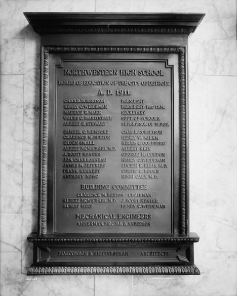 Northwestern High School, plaque in entrance, Detroit, Mich., ca 1911. Creator: Unknown.