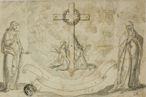 Virgin Mary and St. John the Evangelist Beholding a Vision of the Cross Held by Two Angels, n.d. Creator: Christoph Schwarz.