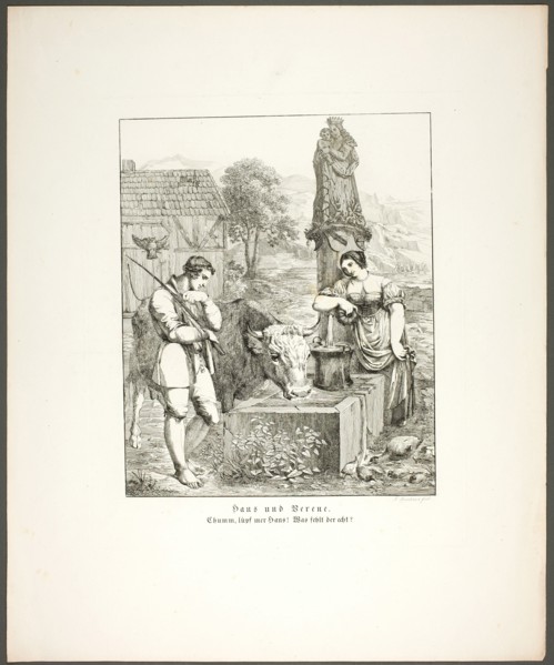 Hans and Verene, plate five from Zehn Blätter zu Hebels Alemannischen Gedichten, 1820. Creator: Sophie Reinhard.