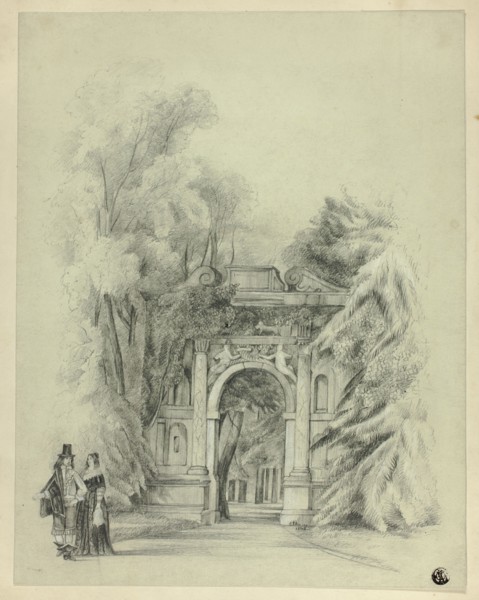 Couple in 17th Century Dress Standing Before Entrance to Park, 1864. Creator: Charles de Anson.