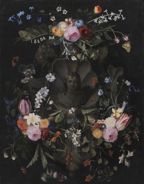 Cartouche with Bust of Christ Surrounded by a Garland of Flowers, 1659. Creator: Andries Bosman.