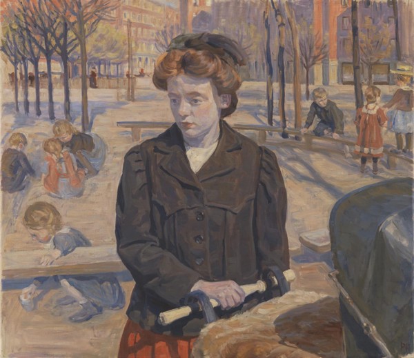 Spring; Young girl with a pram, 1910. Creator: Peter Hansen.