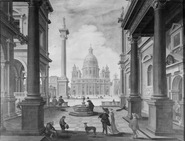 Square in front of a Renaissance Church (Saint Peter's Basilica, Rome), 1623. Creators: Bartholomeus van Bassen, Esaias van de Velde.