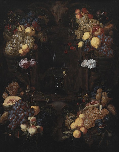 Cartouche with Garlands of Fruit and a Wine Glass, 1651-1750. Creator: Alexander Coosemans.